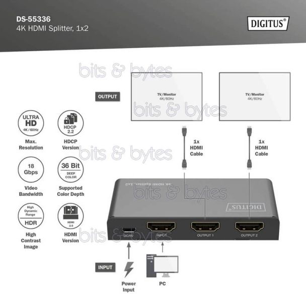 Digitus DS-55336 - 2 Port 4K HDMI Splitter - 1 Input <> 2 Output DS-55336 4016032495574